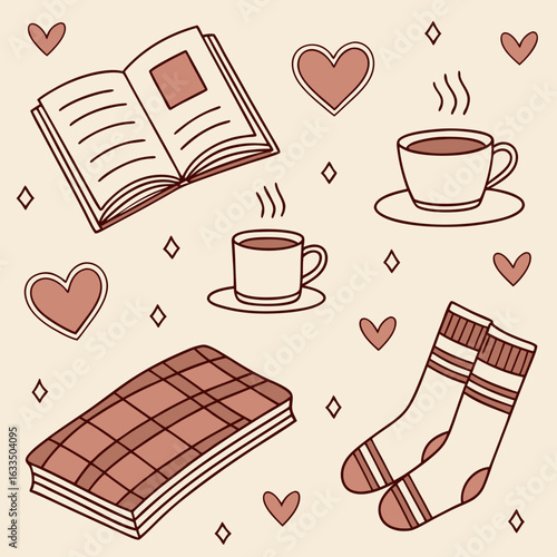 "Vector seamless pattern of open books, teacups with steam shaped like hearts, wool socks and blankets, soft hygge aesthetic, warm muted winter color palette"
