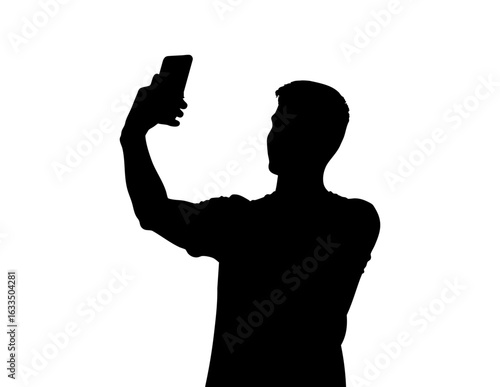 Silhouette man taking selfie phone on white background, holding smartphone upward, capturing self portrait, modern social media concept, minimal isolated style.
