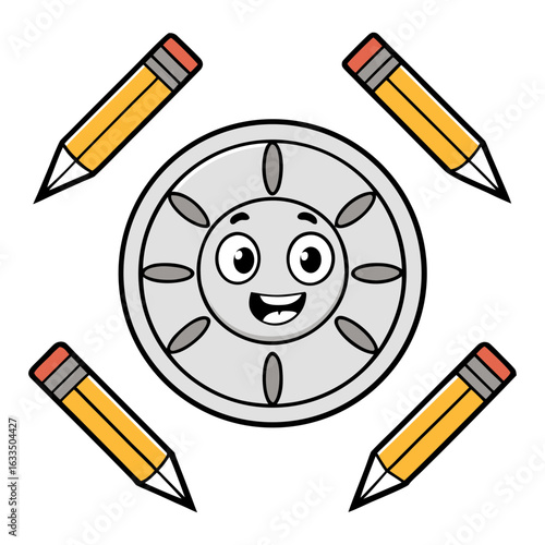 Vector art of cartoon gear surrounded by pencils isolated on white background, creative design