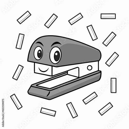 Vector art of cartoon stapler with a face and staples around it isolated on white background