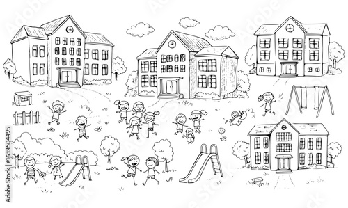 Hand-drawn illustration of children playing joyfully around multiple school buildings, complete with playground equipment like swings and slides, set in a lively outdoor campus scene.