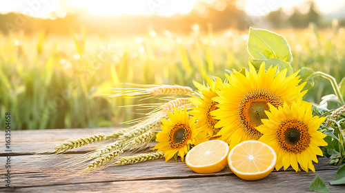 Fresh sunflowers and citrus slices on a rustic table, golden sunlight and green fields, vibrant summer energy