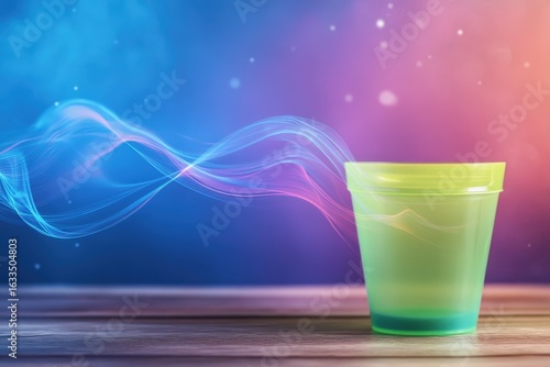 Lime green drinking cup on a wooden surface with abstract design.
