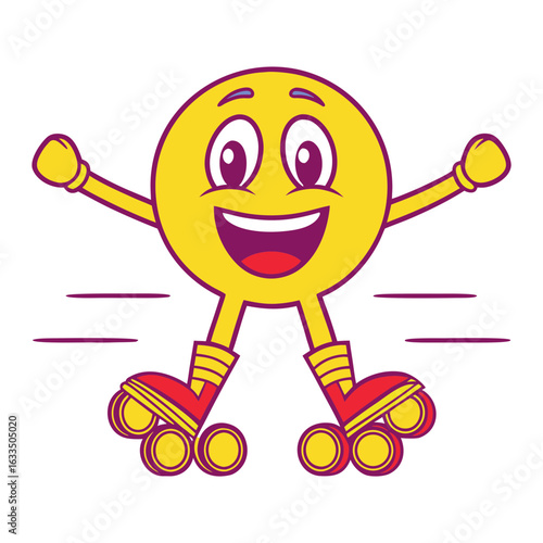 Vector art of happy yellow emoji on roller skates isolated on white background