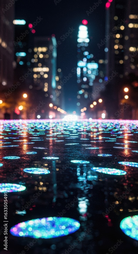 Fototapeta premium City lights reflected on a wet surface at night