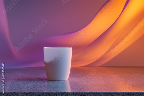 Empty white cup on a textured surface with vibrant lighting.