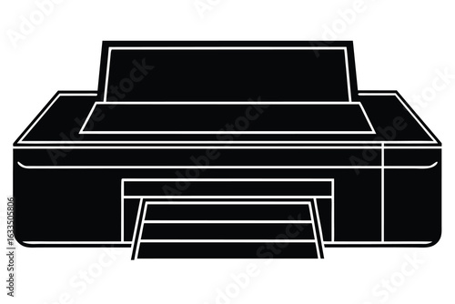 Black and White Illustration of a Printer with Paper Tray, Detailed Outline Style