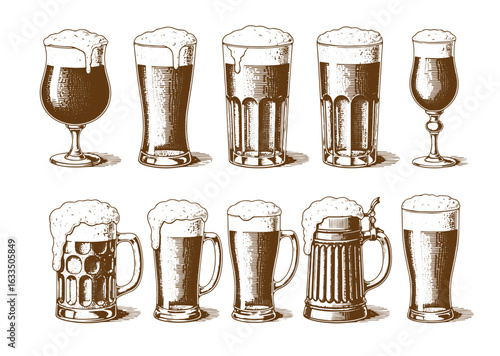 beer glasses and mugs with frothy tops, perfect for brewery, Oktoberfest, or pub themes set collection bundle sketch engraving generative ai vector illustration. Scratch board. Black and white image.