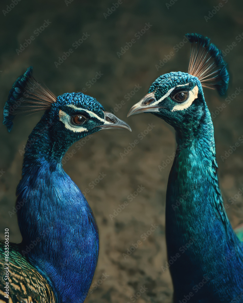 Obraz premium Two Peacocks Interacting Soft Lighting Clean Backg