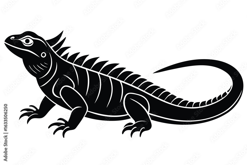 Fototapeta premium Black and White Illustration of a Spiky Iguana with Curled Tail on White