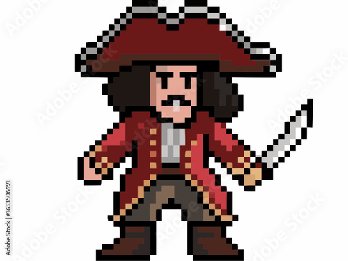 a pixel art pirate with a mustache and curly hair, wearing a red coat and tricorn hat, holding a cutlass ready for a fight.
