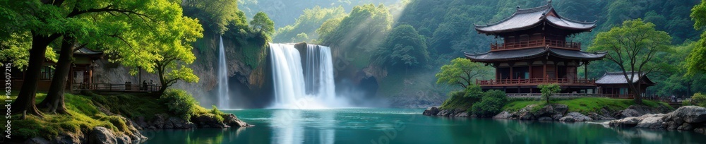 Fototapeta premium Ancient wooden pagoda beside cascading waterfall, water, architecture