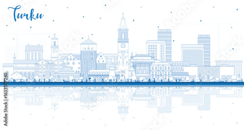 Outline Turku Finland city skyline with blue buildings and reflections. Turku cityscape with landmarks. Business travel and tourism concept with modern, historic architecture.