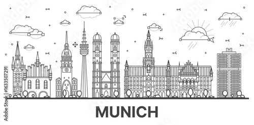 Outline Munich Germany city skyline with modern and historic buildings isolated on white. Illustration. Munich cityscape with landmarks.
