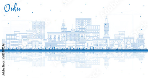 Outline Oulu Finland city skyline with blue buildings and reflections. Oulu cityscape with landmarks. Business travel and tourism concept with modern, historic architecture.