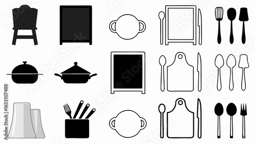 Illustration of restaurant related items including kitchenware and menu boards in black and white silhouette
