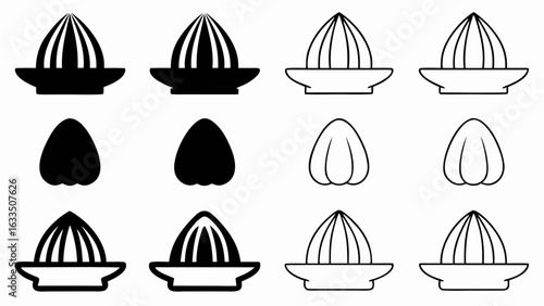 Illustration of lemon juicers and lemon halves in black and white with varying line thicknesses and fills silhouette