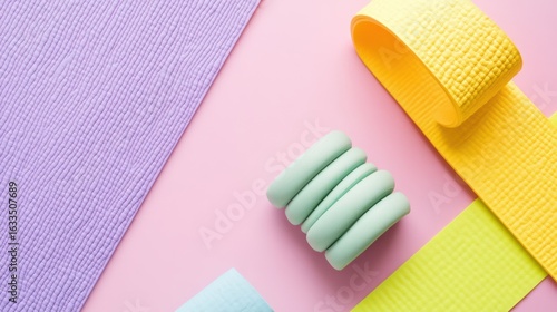Pastel-colored exercise accessories on a pink background.  Y