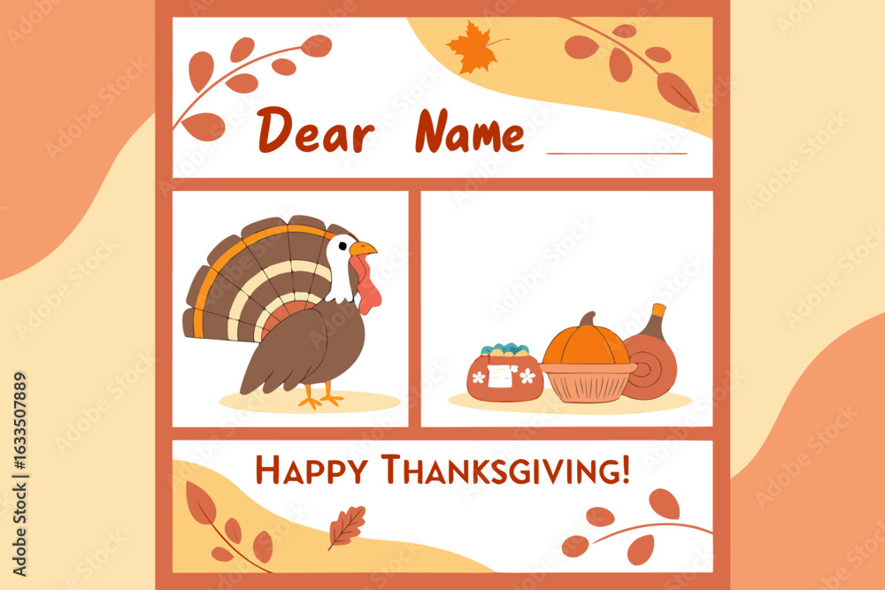 Fototapeta premium Whimsical thanksgiving card design featuring a cartoon turkey pumpkin and festive autumnal elements for a personalized greeting
