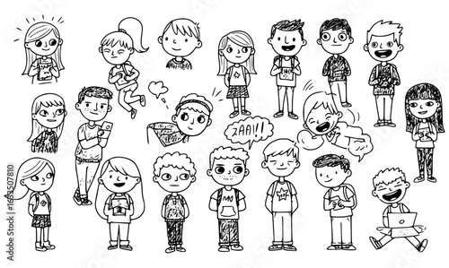 Diverse Doodle Crowd: School Kids  Teens Line Art Illustration