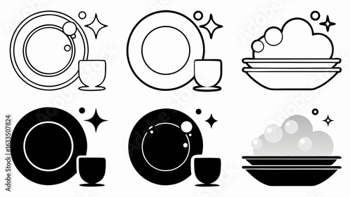 Illustration of clean and dirty dishes with bubbles and sparkles, including plates and cups in black and white silhouette