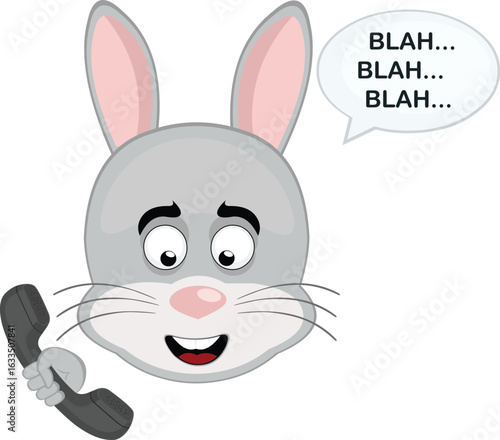 vector illustration emoticon character face rabbit rodent animal, talking on the phone and a speech bubble with the text blah