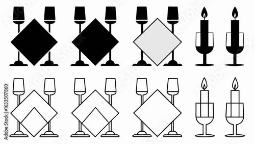 Graphic illustration of table settings with wine glasses napkins and candles in black and white style silhouette