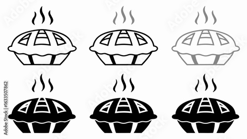 Illustration of six pies with steam rising from them in black white and gray colors on a white background silhouette