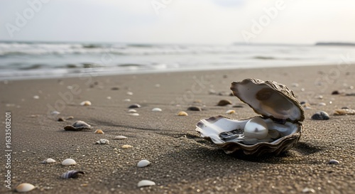 Fototapeta Naklejka Na Ścianę i Meble -  Open oyster shell with a pearl on a sandy beach with the sea in the background