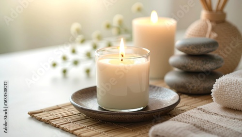 A calming spa themed flatlay image featuring a single candle and minimal decor, Position the candle in the center of the frame