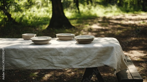 A rustic outdoor picnic table set with simple white plates. Sunlight streams through trees onto a light beige linen tablecloth