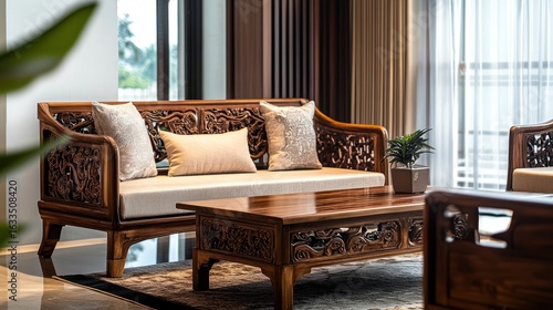 Elegant, carved wooden sofa set