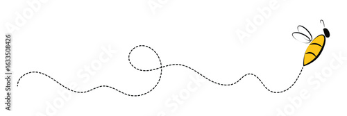 Cartoon bee icon set. Bee flying on a dotted route isolated on the white background. Vector illustration in eps 10.