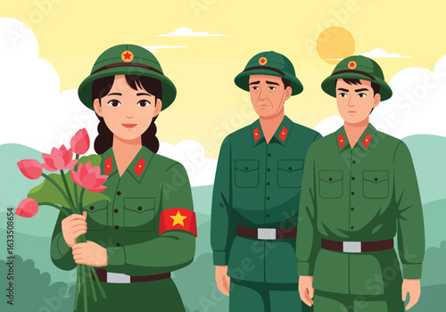 Vietnamese Female Soldier Holding Flowers with Comrades