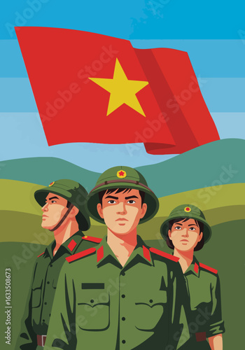 Young Vietnamese Soldiers Stand Proudly Under Their Nation's Flag