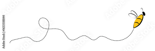 Cartoon bee icon set. Bee flying on a dotted route isolated on the white background. Vector illustration in eps 10.