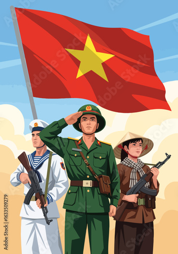 Patriotic Vietnamese Soldiers Standing Proudly Under National Flag