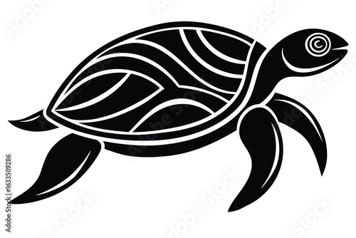 Black and White Stylized Sea Turtle Illustration with Unique Shell Markings Design