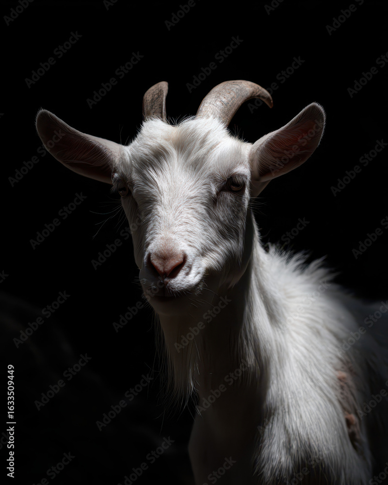 White Goat Against Dark Background Dramatic Light White Goat Against Dark Background Dramatic Light