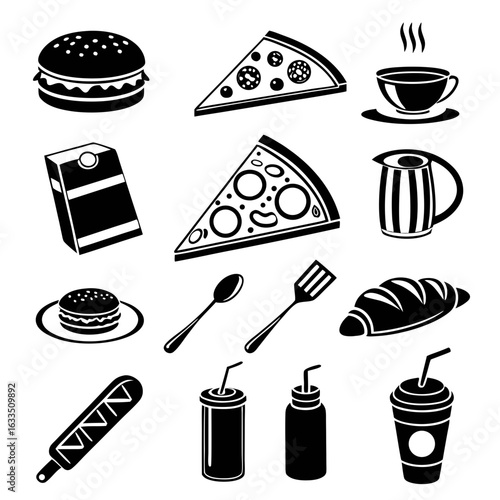 Food and Beverage Silhouettes – Flat Black Vector Icons of Snacks and Drinks
