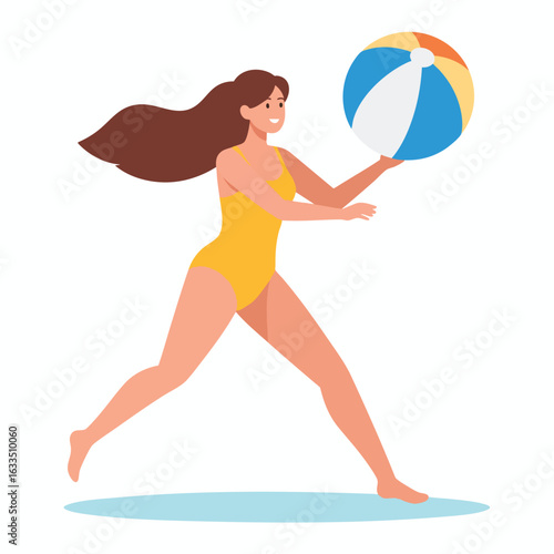 A woman in a yellow swimsuit is running and tossing a colorful beach ball.