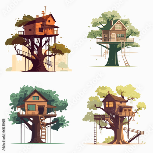 Collection of four distinct treehouse designs, presented in a whimsical style with colorful palettes and detailed illustration.