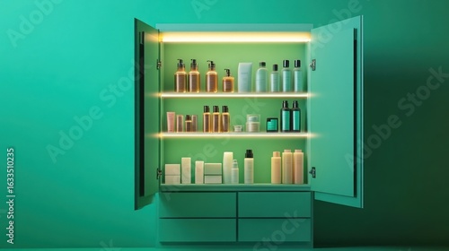 Open medicine cabinet with glowing bottles against green background