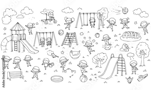 Happy children playing outdoors at a park, enjoying slides, swings, climbing frames, and various games, depicted in a detailed black and white outline drawing.