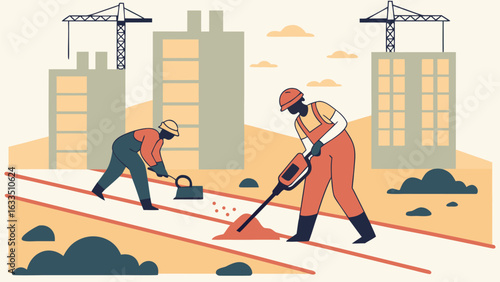 Two construction workers working on a road with buildings and cranes in the background on a sunny day silhouette