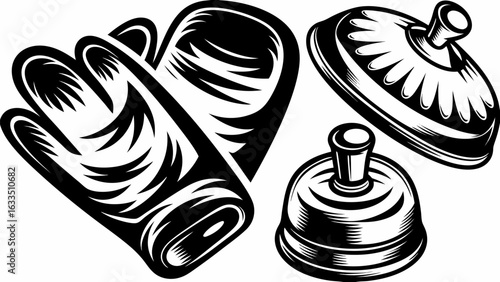 Illustration showing an oven mitt and two service bells in black and white vector format design style silhouette