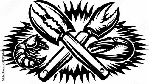 Illustration of crossed crab crackers with a shrimp and crab claw on a spiky background design silhouette