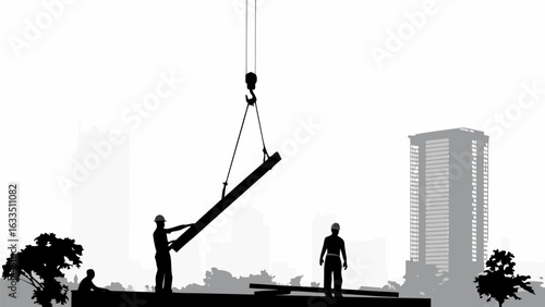 Silhouette of construction workers and crane lifting beam with building backdrop in monochrome view at daytime