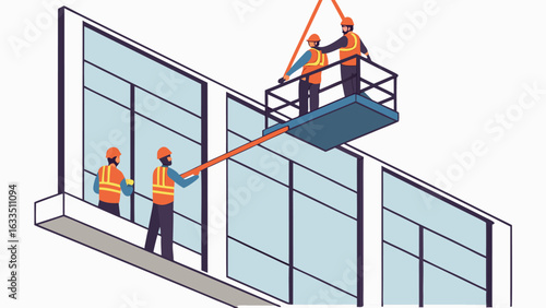 Construction workers installing windows on a building using a crane and safety equipment on a sunny day silhouette