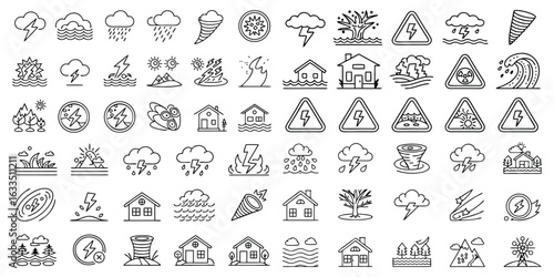 Collection of Line Icons Depicting Various Natural Disasters and Environmental Hazards for Emergency Preparedness and Risk Management